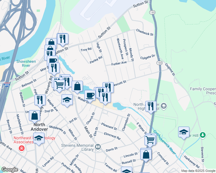 map of restaurants, bars, coffee shops, grocery stores, and more near 36 High Street in North Andover