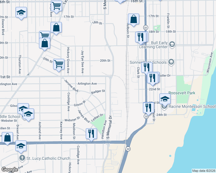 map of restaurants, bars, coffee shops, grocery stores, and more near 2125 Hamilton Avenue in Racine