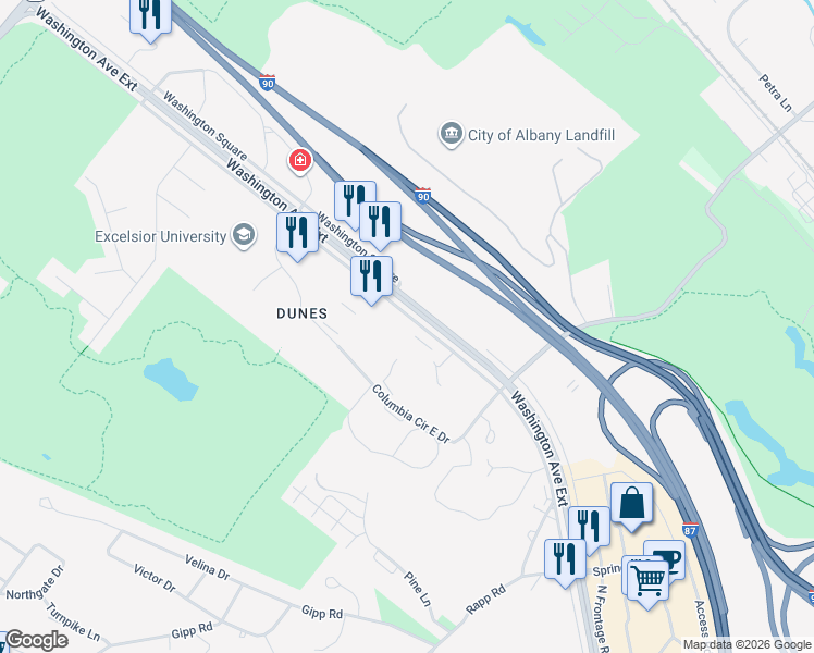 map of restaurants, bars, coffee shops, grocery stores, and more near 210 Washington Avenue Extension in Albany