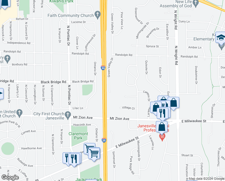 map of restaurants, bars, coffee shops, grocery stores, and more near 1616 Green Valley Drive in Janesville