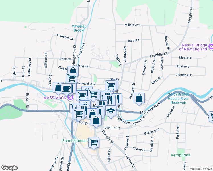 map of restaurants, bars, coffee shops, grocery stores, and more near 45 Bracewell Avenue in North Adams