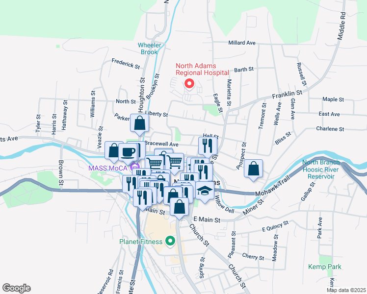 map of restaurants, bars, coffee shops, grocery stores, and more near 89 Bracewell Avenue in North Adams