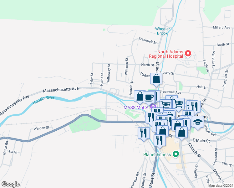 map of restaurants, bars, coffee shops, grocery stores, and more near 1-59 Loftus Street in North Adams