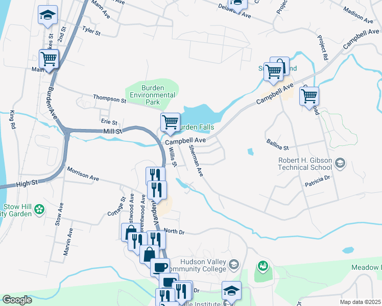 map of restaurants, bars, coffee shops, grocery stores, and more near 3 Sherman Avenue in Troy