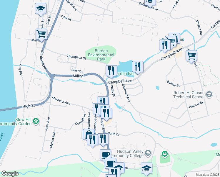 map of restaurants, bars, coffee shops, grocery stores, and more near 2 Campbell Avenue in Troy