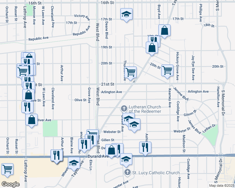 map of restaurants, bars, coffee shops, grocery stores, and more near 2822 Arlington Avenue in Racine