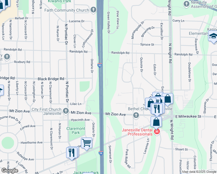 map of restaurants, bars, coffee shops, grocery stores, and more near 1628 Green Valley Drive in Janesville