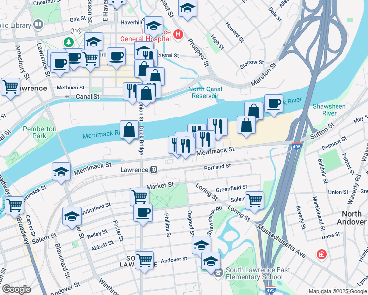 map of restaurants, bars, coffee shops, grocery stores, and more near 250 Merrimack Street in Lawrence