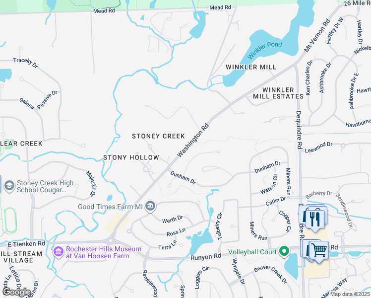 map of restaurants, bars, coffee shops, grocery stores, and more near Washington Road in Rochester