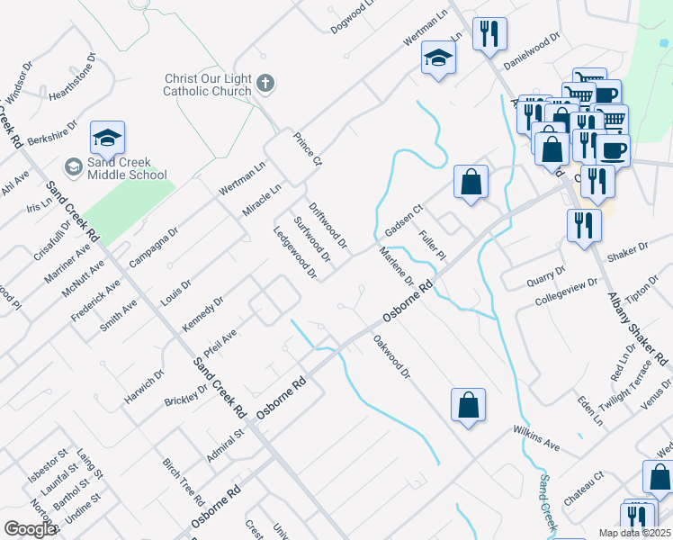 map of restaurants, bars, coffee shops, grocery stores, and more near Gadsen Court & Surfwood Drive in Albany