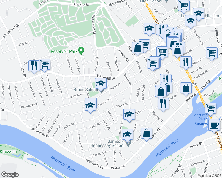 map of restaurants, bars, coffee shops, grocery stores, and more near 104 Butler Street in Lawrence