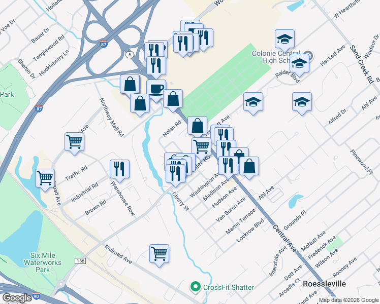 map of restaurants, bars, coffee shops, grocery stores, and more near 5 Pinehurst Road in Albany