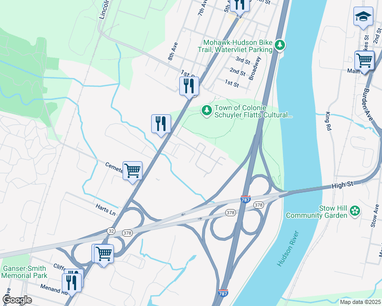 map of restaurants, bars, coffee shops, grocery stores, and more near 587 Broadway in Menands