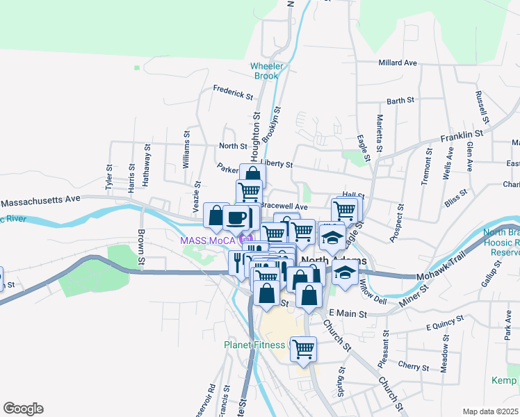 map of restaurants, bars, coffee shops, grocery stores, and more near 169 Bracewell Avenue in North Adams