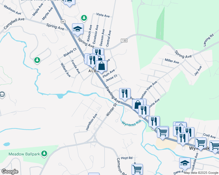 map of restaurants, bars, coffee shops, grocery stores, and more near 651 Pawling Avenue in Troy