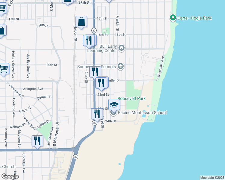 map of restaurants, bars, coffee shops, grocery stores, and more near 2132 Center Street in Racine