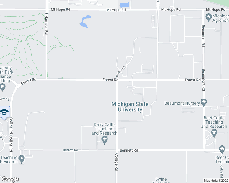 map of restaurants, bars, coffee shops, grocery stores, and more near Michigan State University in East Lansing