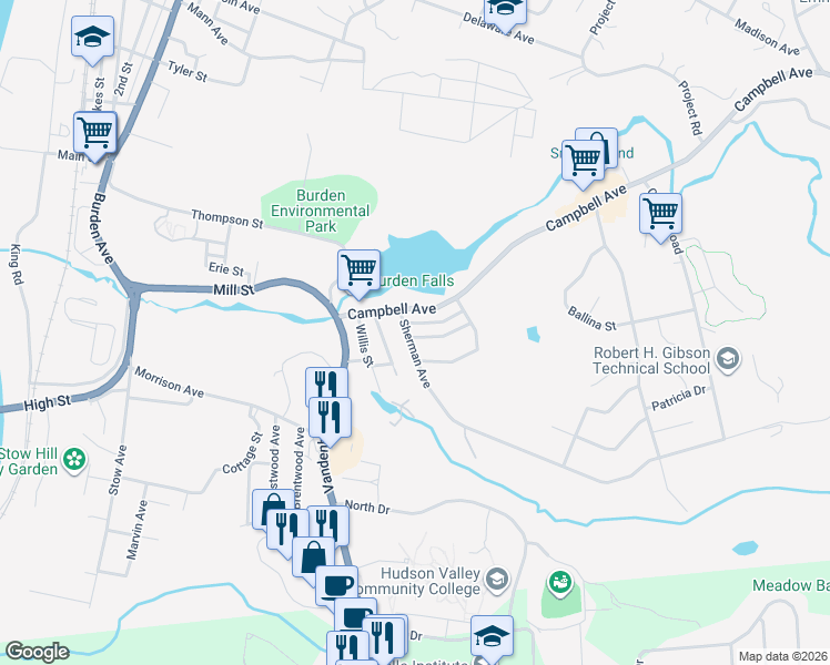 map of restaurants, bars, coffee shops, grocery stores, and more near 3 Sheridan Avenue in Troy