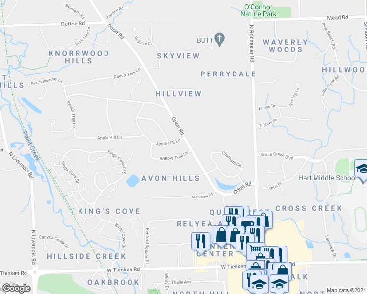 map of restaurants, bars, coffee shops, grocery stores, and more near 6488 Orion Road in Rochester Hills