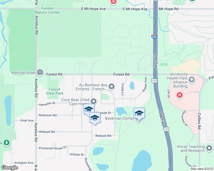 map of restaurants, bars, coffee shops, grocery stores, and more near 2726 Geert Court in Lansing