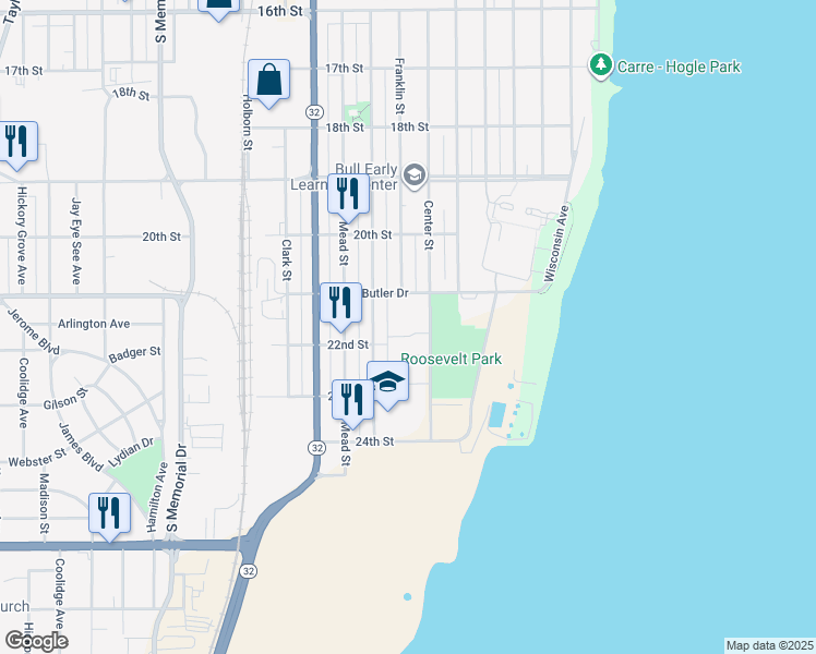 map of restaurants, bars, coffee shops, grocery stores, and more near 2132 Center Street in Racine
