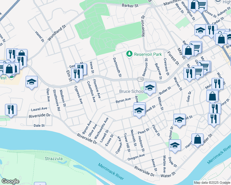 map of restaurants, bars, coffee shops, grocery stores, and more near 45 Middlebury Street in Lawrence