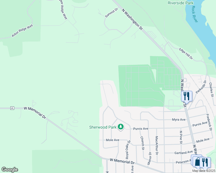 map of restaurants, bars, coffee shops, grocery stores, and more near 2445 Oakbrook Court in Janesville