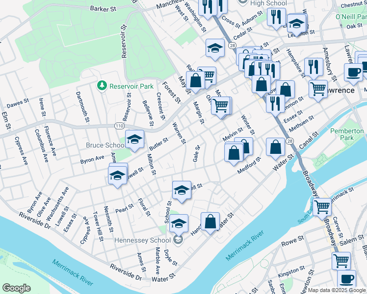 map of restaurants, bars, coffee shops, grocery stores, and more near 414 Lowell Street in Lawrence