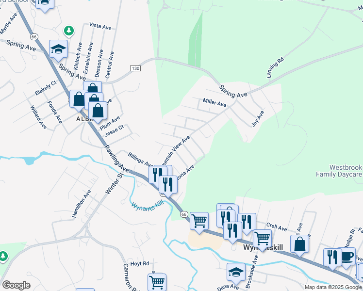 map of restaurants, bars, coffee shops, grocery stores, and more near 42 Mountain View Avenue in Troy