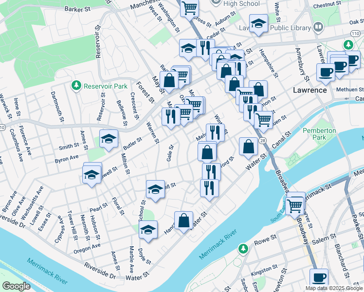 map of restaurants, bars, coffee shops, grocery stores, and more near 96 Greenwood Street in Lawrence