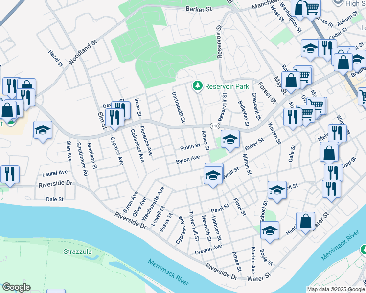 map of restaurants, bars, coffee shops, grocery stores, and more near 45 Middlebury Street in Lawrence