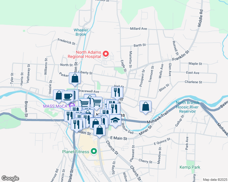 map of restaurants, bars, coffee shops, grocery stores, and more near 45 Bracewell Avenue in North Adams