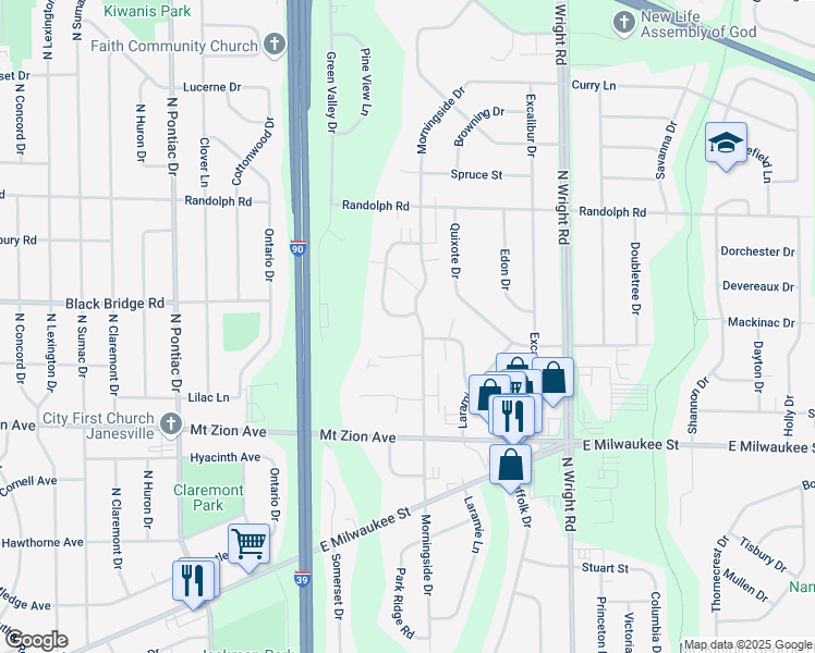 map of restaurants, bars, coffee shops, grocery stores, and more near 1603 Green Forest Run in Janesville