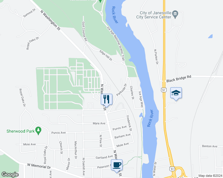 map of restaurants, bars, coffee shops, grocery stores, and more near 1910 North Washington Street in Janesville