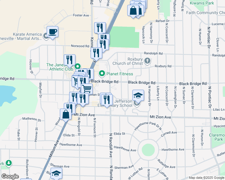map of restaurants, bars, coffee shops, grocery stores, and more near 1602 North Randall Avenue in Janesville