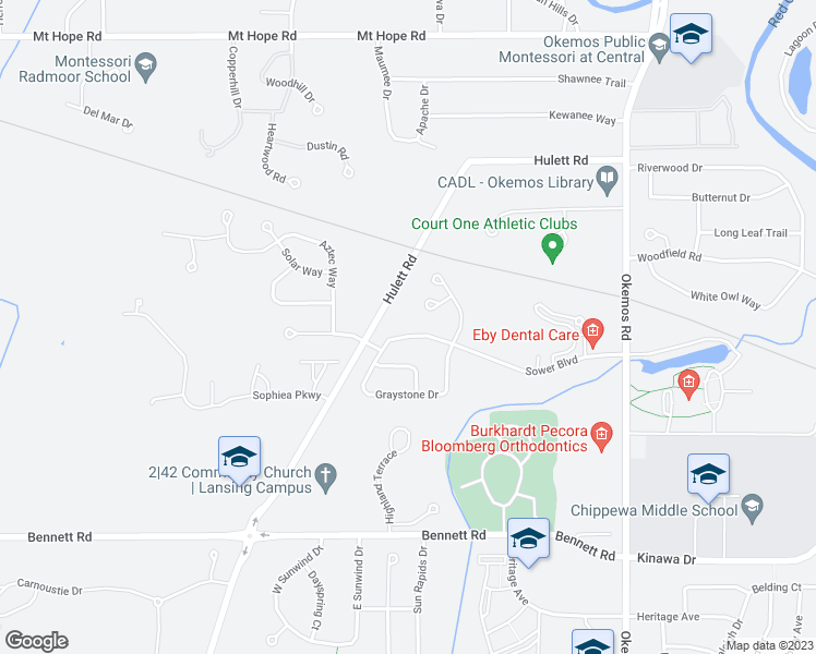 map of restaurants, bars, coffee shops, grocery stores, and more near 2408 Sower Boulevard in Meridian charter Township