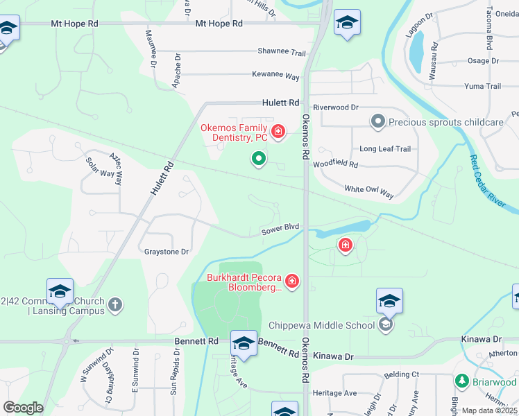 map of restaurants, bars, coffee shops, grocery stores, and more near 4205 Southport Circle in Meridian charter Township