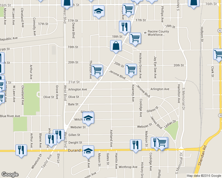 map of restaurants, bars, coffee shops, grocery stores, and more near 2198 Ashland Avenue in Racine