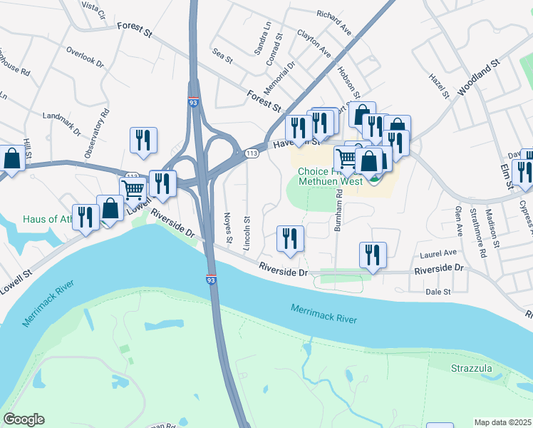 map of restaurants, bars, coffee shops, grocery stores, and more near 2 Vineyard Lane in Methuen