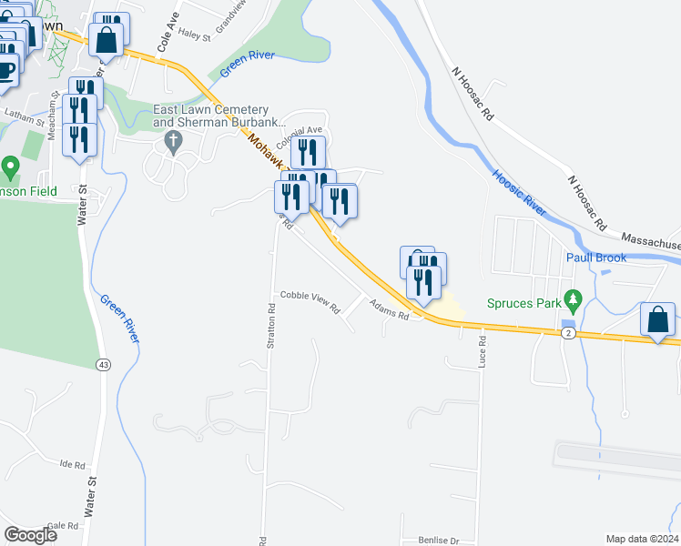 map of restaurants, bars, coffee shops, grocery stores, and more near 172 Adams Road in Williamstown