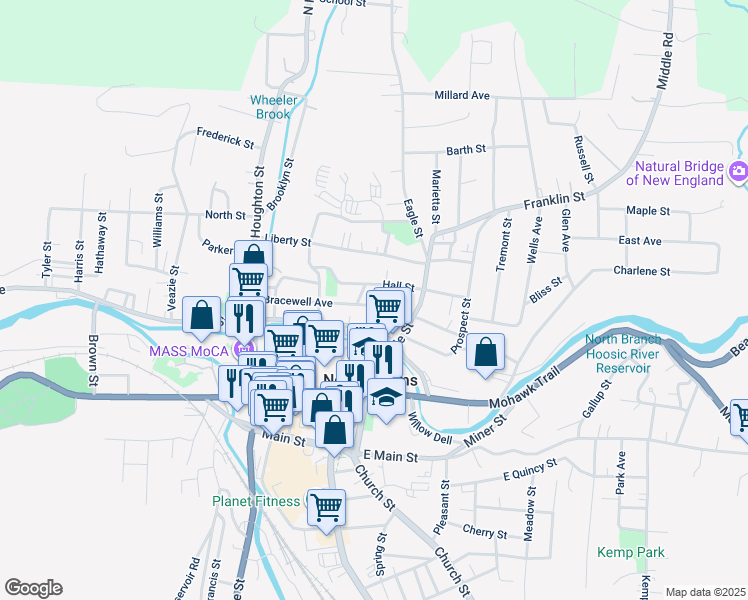 map of restaurants, bars, coffee shops, grocery stores, and more near 45 Bracewell Avenue in North Adams