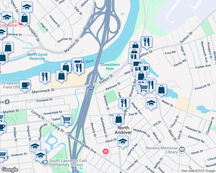 map of restaurants, bars, coffee shops, grocery stores, and more near 3 McCabe Court in North Andover