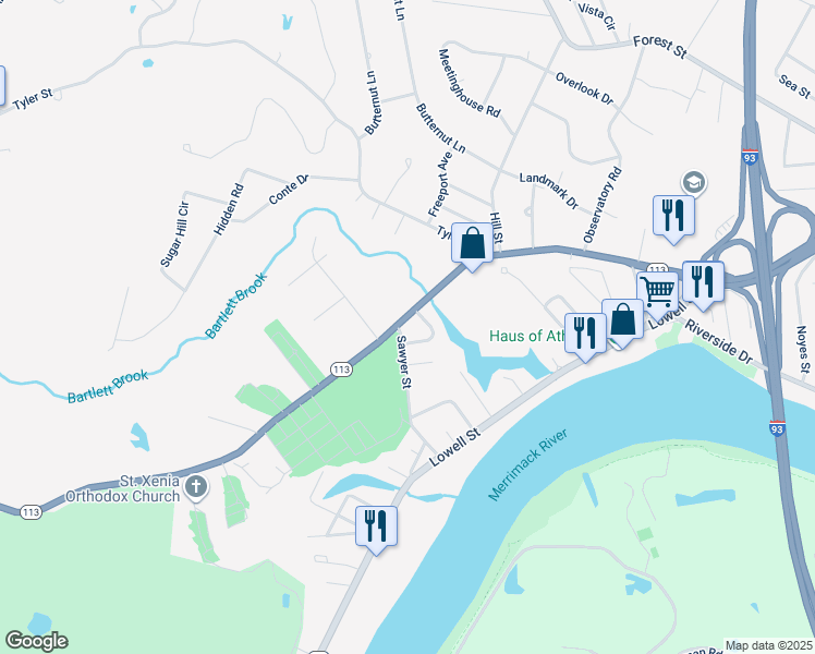map of restaurants, bars, coffee shops, grocery stores, and more near 55 Sawyer Street in Methuen
