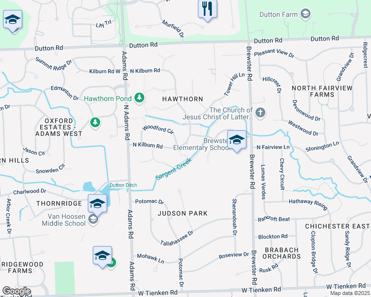map of restaurants, bars, coffee shops, grocery stores, and more near 1678 North Kilburn Road in Rochester Hills