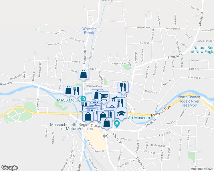 map of restaurants, bars, coffee shops, grocery stores, and more near 89 Bracewell Avenue in North Adams