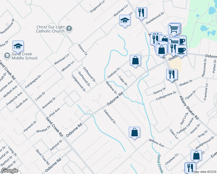 map of restaurants, bars, coffee shops, grocery stores, and more near 8 Marlene Drive in Albany