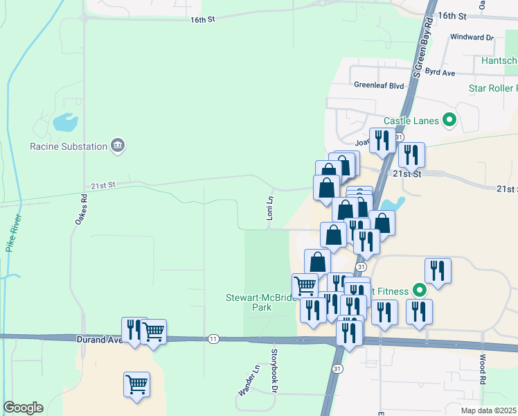 map of restaurants, bars, coffee shops, grocery stores, and more near 2300 Loni Lane in Racine