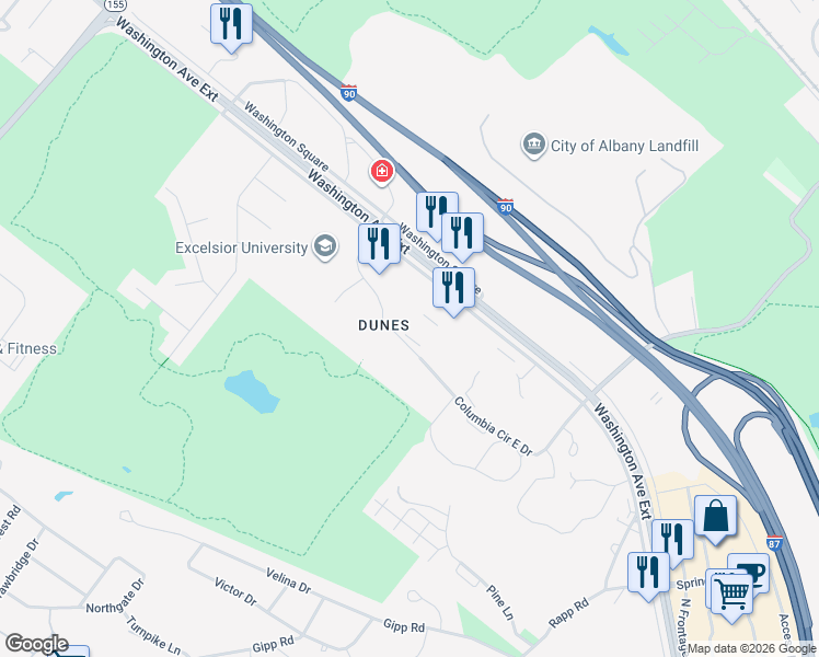 map of restaurants, bars, coffee shops, grocery stores, and more near 1 Executive Centre Drive in Albany