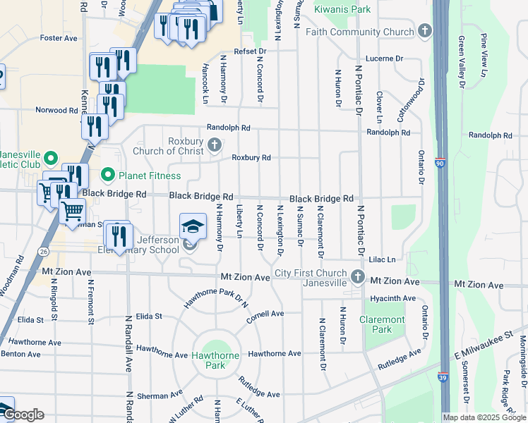 map of restaurants, bars, coffee shops, grocery stores, and more near 1608 North Concord Drive in Janesville