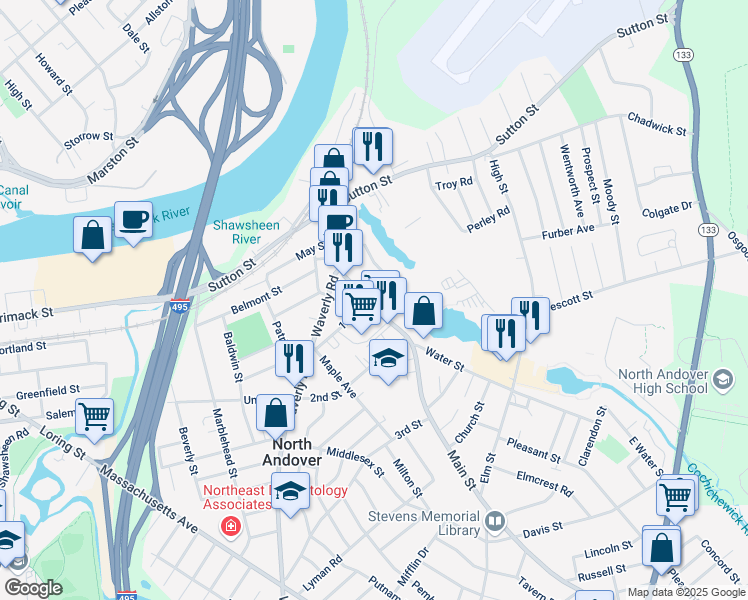 map of restaurants, bars, coffee shops, grocery stores, and more near 100 Main Street in North Andover